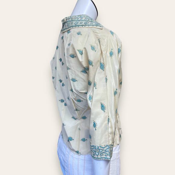 Vintage homemade cream and teal button up with dagger collar - Picture 4 of 6